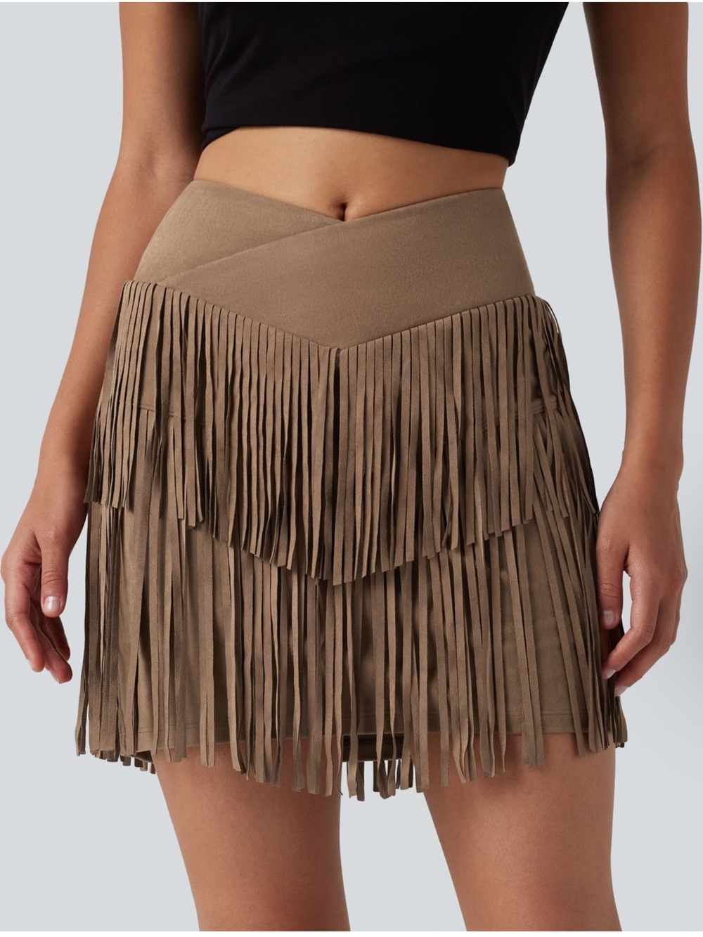 Crossover Brown Fringe Mini Skirt Short L Suede High Waisted Party Skort 2-in-1